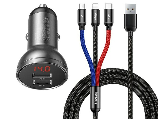 شارژر فندکی فست شارژ ماشین دو پورت و کابل سه سر بیسوس TZCCBX-0G