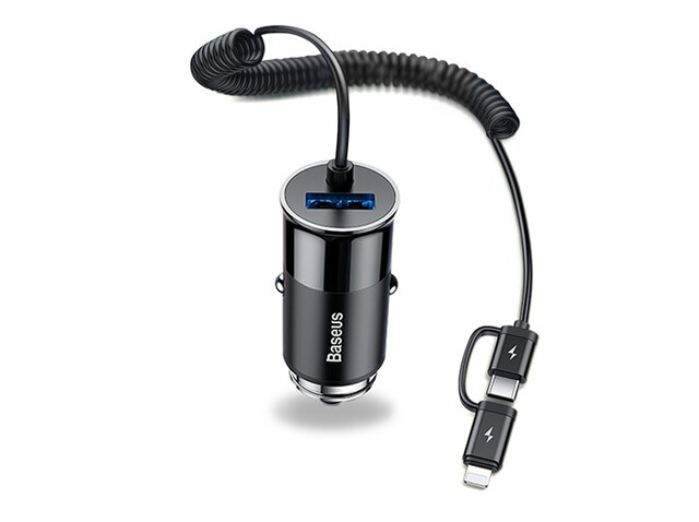 شارژر فندکی فست شارژ ماشین با کابل لایتنینگ و تایپ سی بیسوس Enjoy Together