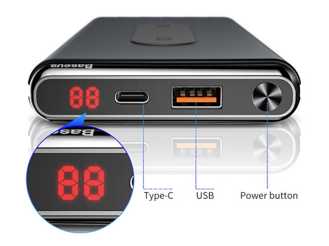 پاور بانک 10000 میلی آمپر وایرلس بیسوس مدل BS-10KPW02 Dual Coil Design & Real-Time Digital Display