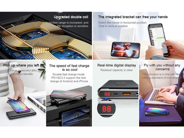 پاور بانک 10000 میلی آمپر وایرلس بیسوس مدل BS-10KPW02 Dual Coil Design & Real-Time Digital Display