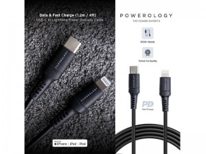 کابل تبدیل Type-C به Lightning پاورولوژی مدل P12CLV2BK PVC Type-C to Lightning Cable به طول 1.2 متر