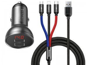 شارژر فندکی فست شارژ بیسوس مدل Charger Suit Digital Display بهمراه کابل سه سر