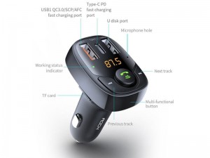 شارژر فندکی فست شارژ با قابلیت پخش موسیقی و مکالمه راک مدل B301 Bluetooth FM Transmitter