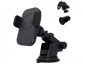 پایه نگهدارنده و شارژر وایرلس گوشی موبایل پاورولوژی مدل PCCSR001 (بهمراه شارژر فندکی و گیره اتصال به دریچه کولر)