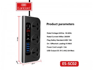 چند راهی برق دیجیتالی ارلدام مدل ES-SC02 (دارای 4 پورت USB)