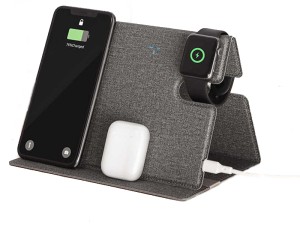 شارژر بی سیم سه کاره راک مدل RWC-0515 Leather 3 in 1 Wireless Charger