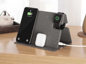 شارژر بی سیم سه کاره راک مدل RWC-0515 Leather 3 in 1 Wireless Charger