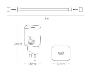 شارژر دیواری فست شارژ 25 وات بیسوس مدل Super Si Quick Charger 1C 25W CCCJG25CE TZCCSUP-L02 بهمراه کابل دو سر تایپ سی