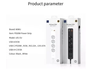 چند راهی برق ویوو مدل U01 Power Strip Socket With 4 AC 3 USB 20W PD (دارای 3 پورت USB و 1 پورت Type-C)