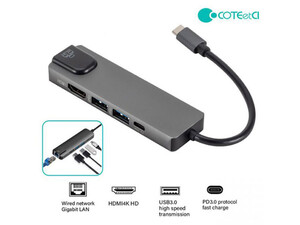 مبدل تایپ سی کوتتسی Coteetci HDMI USB3.0*2 ·PD3.0 Gigabit Ethernet 16002