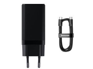 شارژر دیواری فست شارژ بیسوس BASEUS GaN3 Pro Fast Charger 2C+U 65W Black w/USB-C to USB-C cable (CCGP050101)