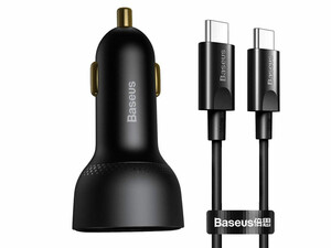 شارژر فندکی فست شارژ ماشین تایپ سی 100 وات بیسوس دارای کابل دو سر تایپ سی TZCCZX-01