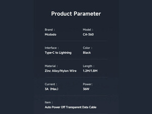 قیمت کابل شارژ هوشمند تایپ سی به لایتنینگ 36 واتی مک دودو 1.8متر مدل MCDODO CA-3601