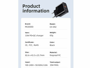 شارژر دیواری فست شارژ 33 واتی مک دودو MCDODO CH-0921 33W PD Dual-Port Fast Charger