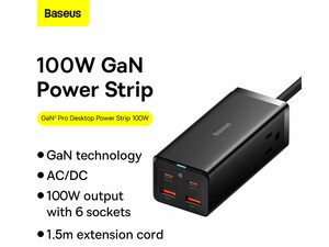 شارژر دیواری و آداپتور برق سوپر فست شارژ 100 وات با کابل برق 1.5 متری بیسوس Baseus GaN3 Pro Desktop Powerstrip 2AC+2 U+2C 100W US PSZM000201