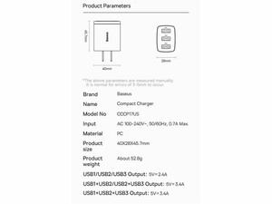 شارژر دیواری یواس‌بی 17 وات بیسوس Baseus Compact Charger 3U US CCXJ020201