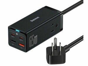 شارژر دیواری فست شارژ 65 وات با کابل تایپ‌سی 100 واتی یک متری بیسوس Baseus GaN3 Pro Powerstrip 2AC+2U+2C US PSZM000102