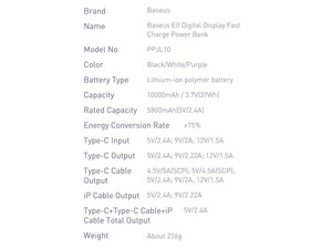 پاوربانک 10000 فست شارژ با کابل تایپ‌سی و لایتنینگ بیسوس Baseus Power Bank Elf Digital Display 22.5W PPJL010001