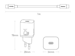 شارژر دیواری سریع و کابل دو سر تایپ سی بیسوس Baseus Super SI Quick Charger IC 25W