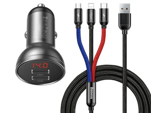 شارژر فندکی فست شارژ ماشین دو پورت و کابل سه سر بیسوس TZCCBX-0G