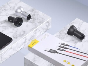 شارژر فندکی فست شارژ ماشین دو پورت و کابل سه سر بیسوس