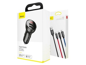 شارژر فندکی فست شارژ ماشین دو پورت و کابل سه سر بیسوس