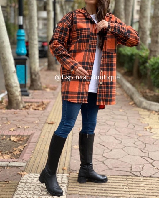 مانتو چهارخونه کلاه دار پشمی