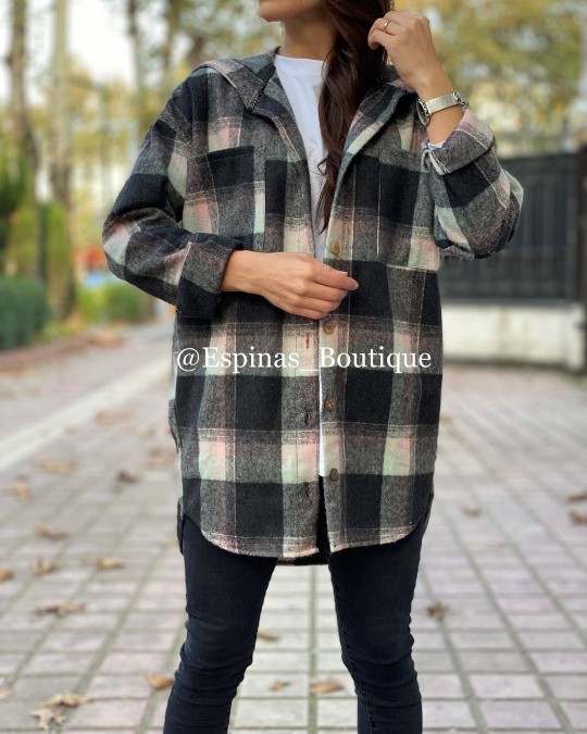 مانتو چهارخونه کلاه دار پشمی