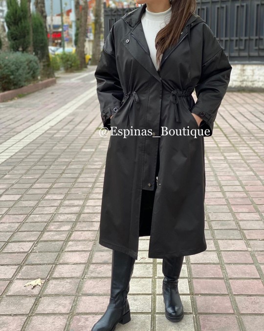 بارانی بلند کلاه دار آستر پشم شیشه جلو زیپ