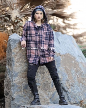 مانتو چهارخونه کلاه دار پشمی کد 22678