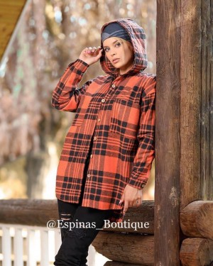 مانتو چهارخونه کلاه دار پشمی کد 22587