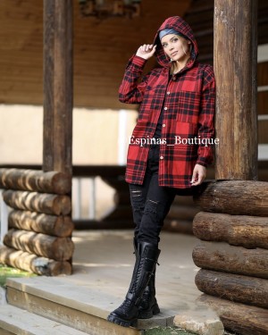 مانتو چهارخونه کلاه دار پشمی کد 22589