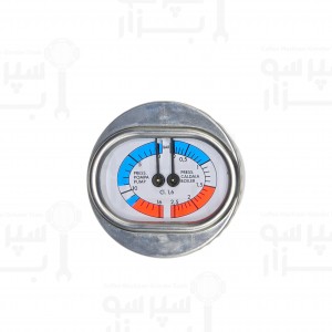 گیج منومتر / مانومتر دوعقربه لا اسکالا  سیمفونی فشار آب از 0 تا 16 بار و فشار بخار بویلر از 0 الی 2/5 بار قطر بدنه 63 و قطر فریم بیرونی 70 میلیمتر رزوه 1/8 اینچ