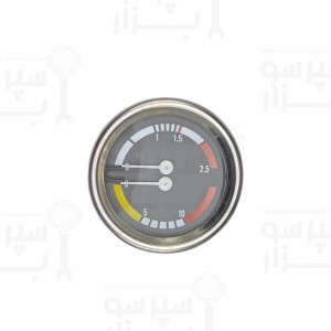 منومتر / مانومتر دو عقربه دستگاه اسپرسو پاوونی/ سیمونلی/ آستوریا فشار آب از 0 تا 16 بار و فشار بخار بویلر از 0 الی 2/5 بار قطر بدنه 60 و قطر فریم بیرونی 65 میلیمتر رزوه 1/8 اینچ