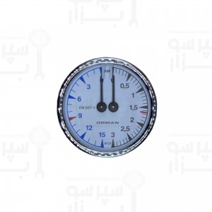 گیج منومتر /مانومتر دو عقربه الکترا قطر بدنه و فریم ۶۰ میلیمتر فشار بخار 0 الی 3 بار و فشار آب 0 الی 15 بار رزوه 1/8 اینچ