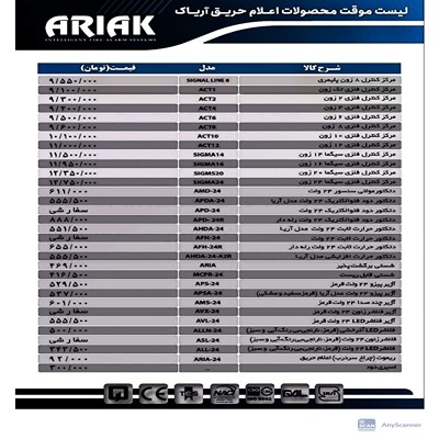لیست قیمت اعلام حریق آریاک