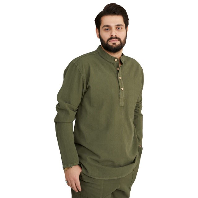 پیراهن مردانه الیاف طبیعی 4 دکمه کساء (سبز لجنی)