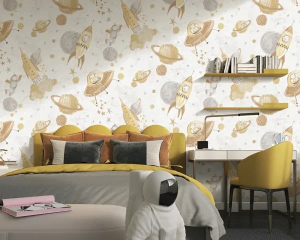 کاغذ دیواری کودک طرح کهکشان و فضانورد | کرم / طلایی کد 12105