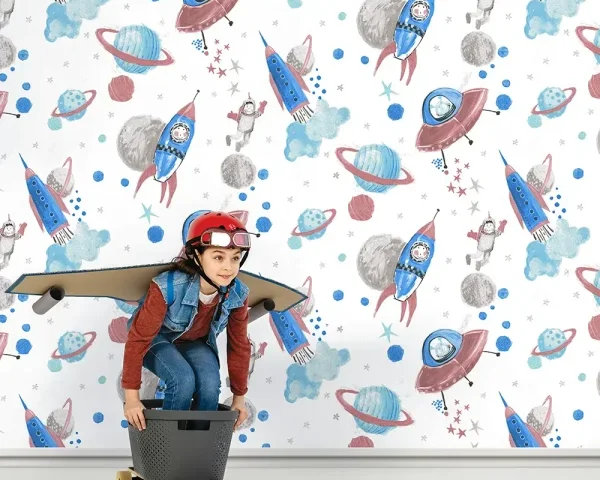 کاغذ دیواری کودک طرح کهکشان و فضانورد | چند رنگ کد 12103