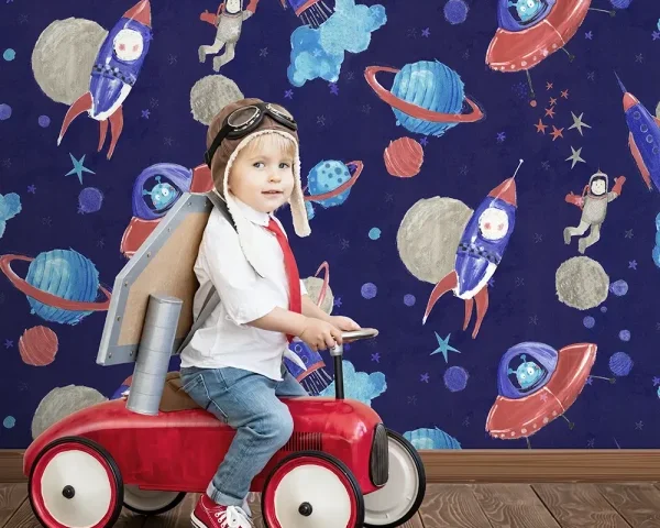کاغذ دیواری کودک طرح کهکشان و فضانورد | سرمه‌ای کد 12101