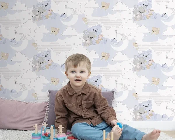 کاغذ دیواری کودک طرح خرس‌های عروسکی | آبی کد 12077