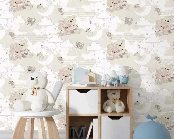 کاغذ دیواری کودک طرح خرس‌های عروسکی | کرم / قهوه‌ای کد 12073
