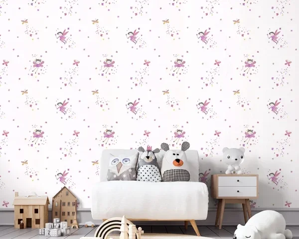 کاغذ دیواری کودک طرح فرشته‌های آسمانی | صورتی/ بنفش کد12061