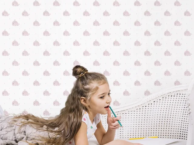 کاغذ دیواری کودک طرح نهنگ‌های دریایی | صورتی کد 12049