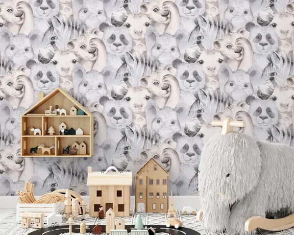 کاغذ دیواری کودک طرح حیوانات | کرم / خاکستری کد 12029