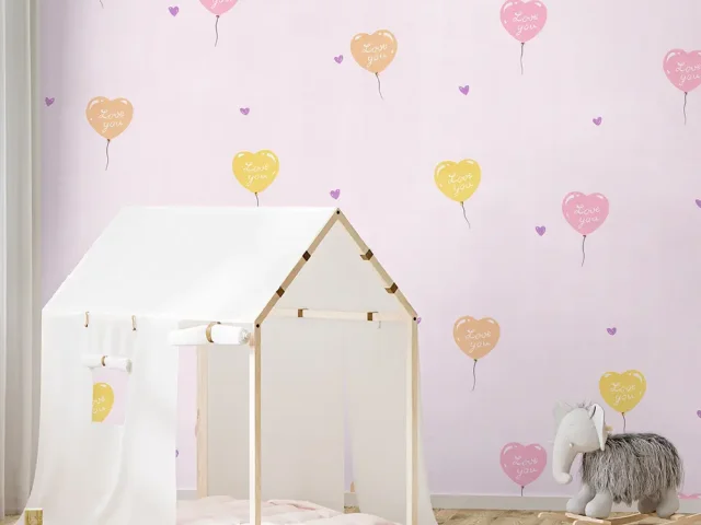 کاغذ دیواری کودک طرح بادکنک های قلبی | صورتی کد 12015