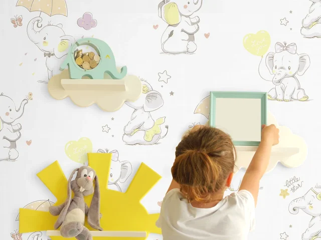 کاغذ دیواری کودک طرح فیل های کوچک | سفید لیمویی کد 12009