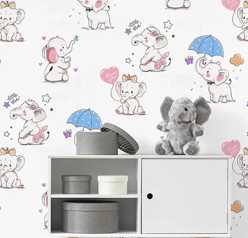 کاغذ دیواری کودک طرح فیل کوچولوها | رنگ سفید کد 12005