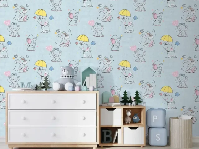 کاغذ دیواری کودک طرح فیل کوچولوها | آبی کد 12001