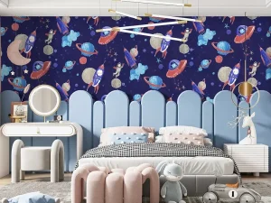 کاغذ دیواری کودک طرح کهکشان و فضانورد | سرمه‌ای کد 12101